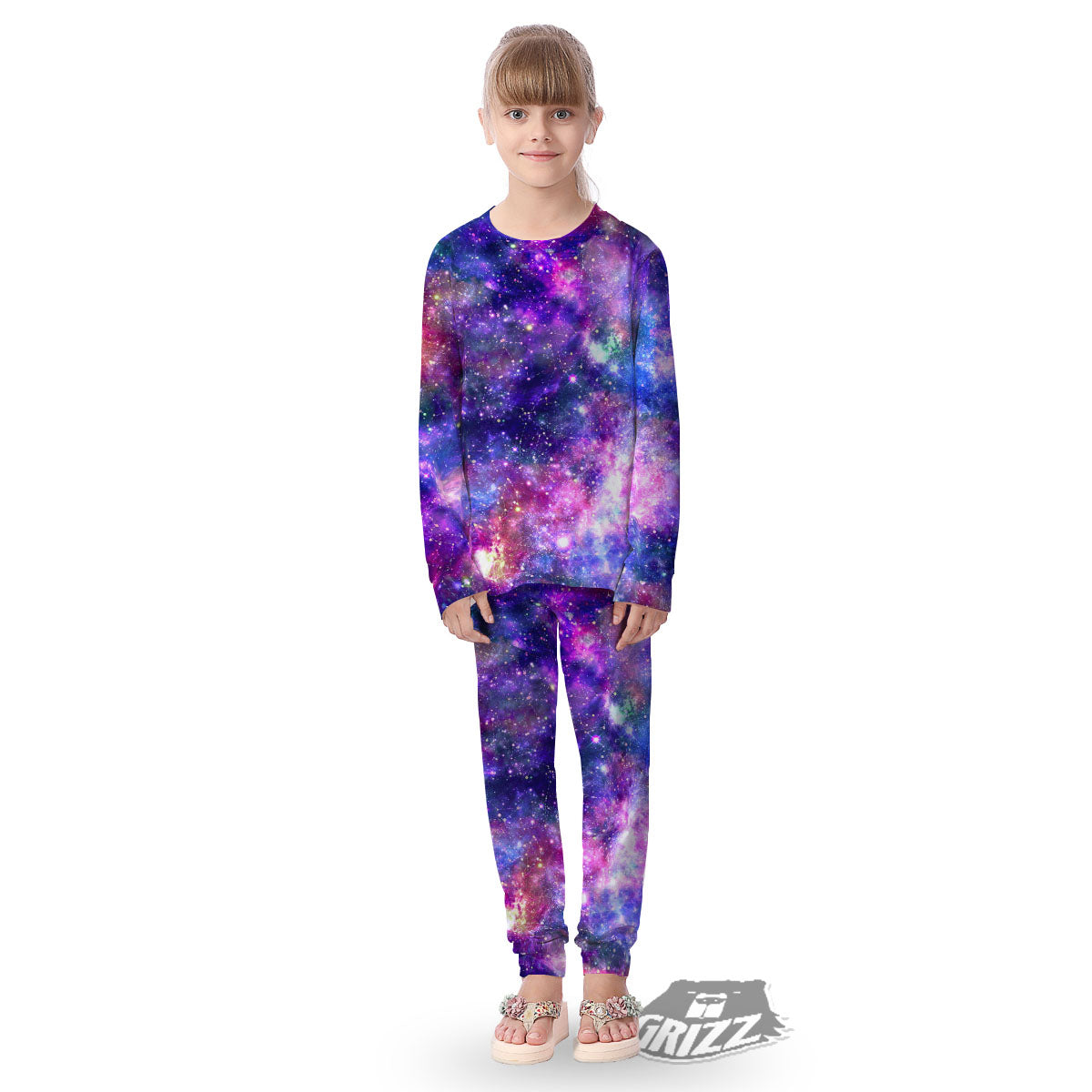 Space Blue Starfield Purple Galaxy Print Kid's Pajamas-grizzshop