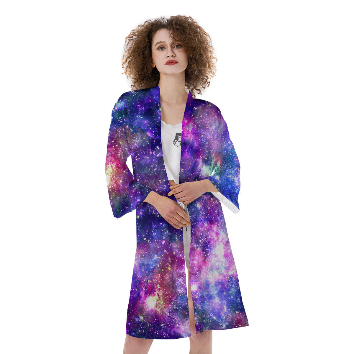Space Blue Starfield Purple Galaxy Print Kimono-grizzshop