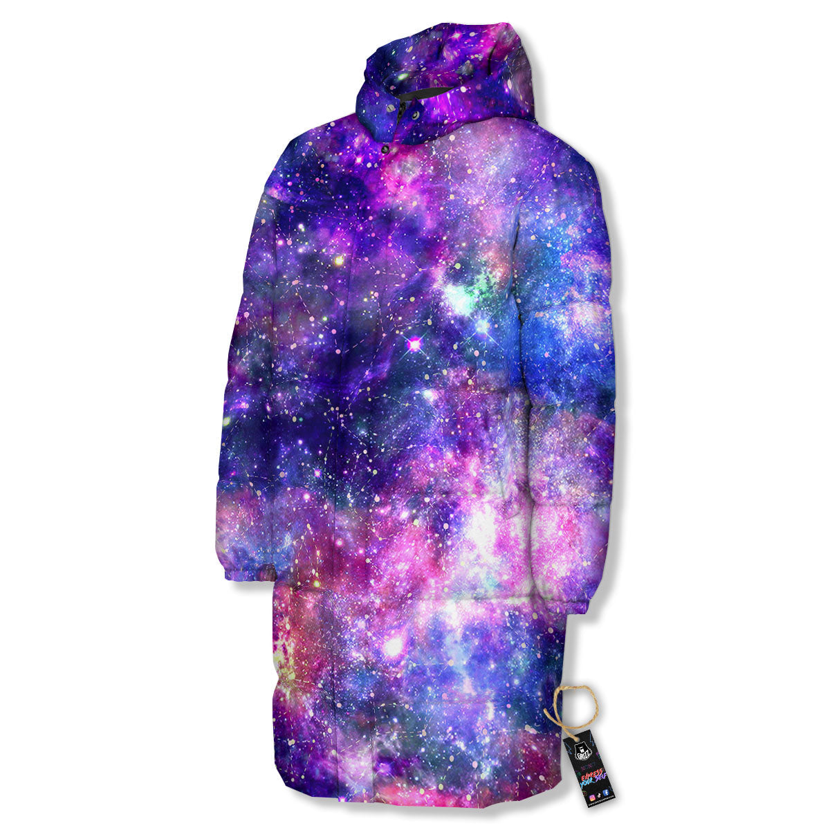 Space Blue Starfield Purple Galaxy Print Long Down Jacket-grizzshop