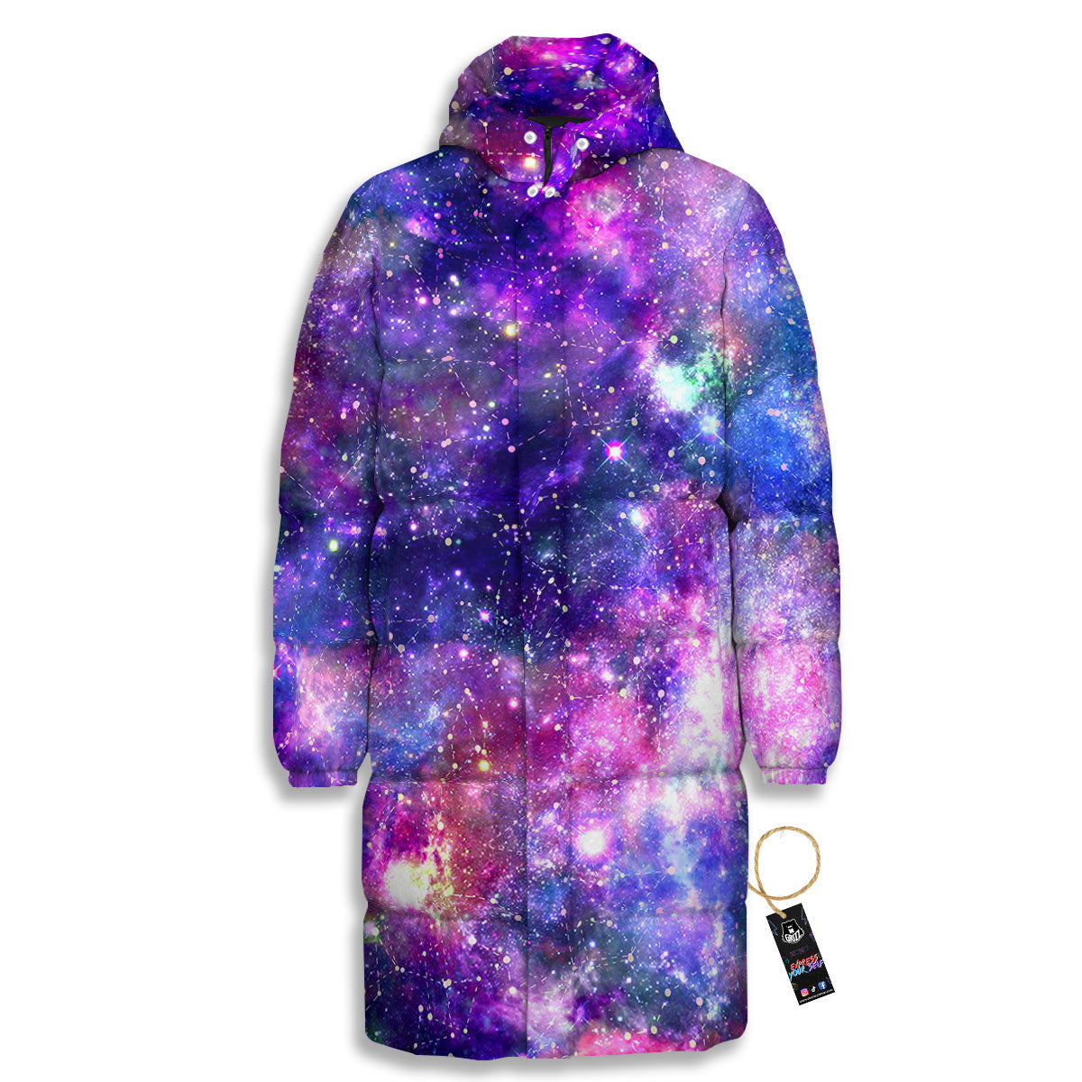 Space Blue Starfield Purple Galaxy Print Long Down Jacket-grizzshop