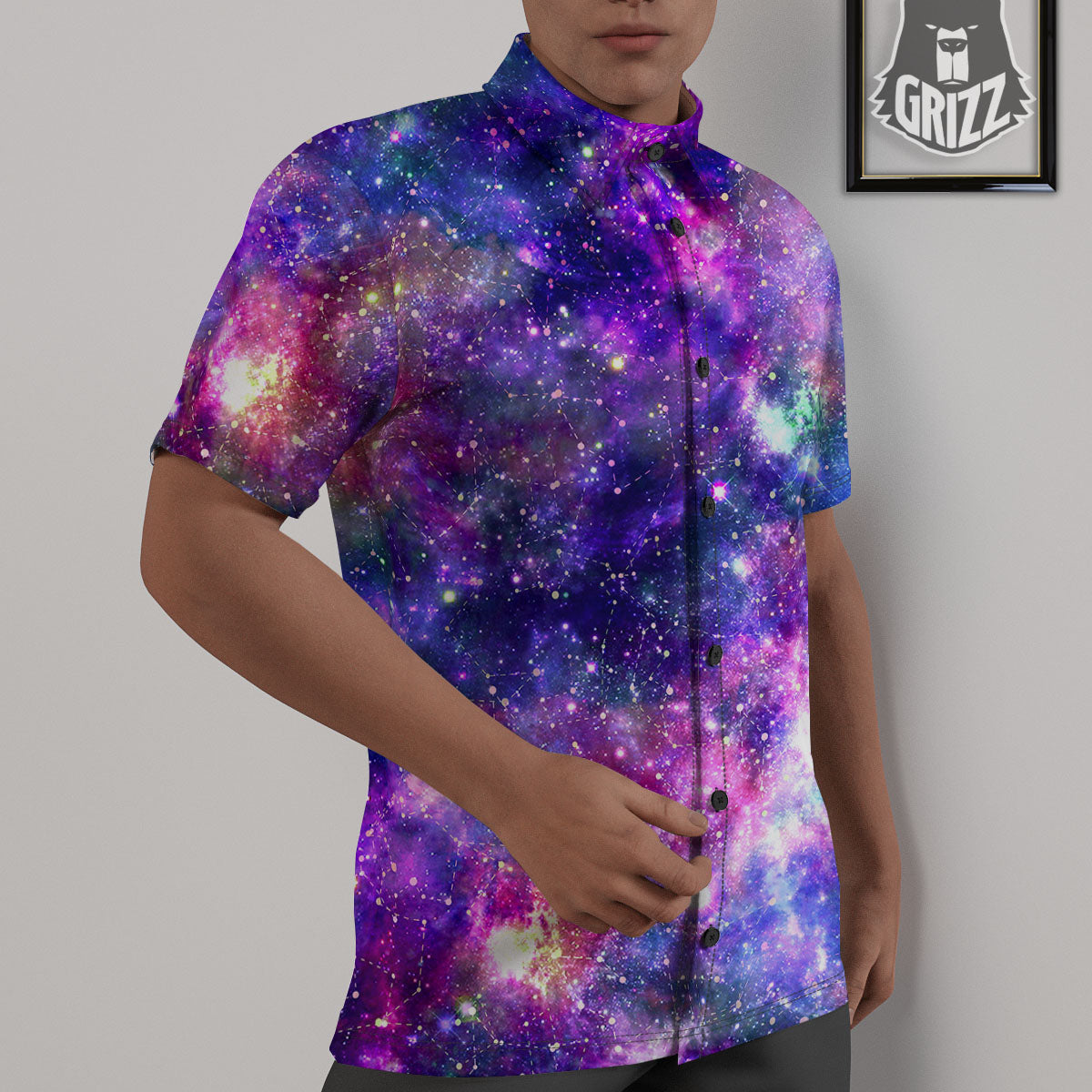 Space Blue Starfield Purple Galaxy Print Untucked Shirts-grizzshop