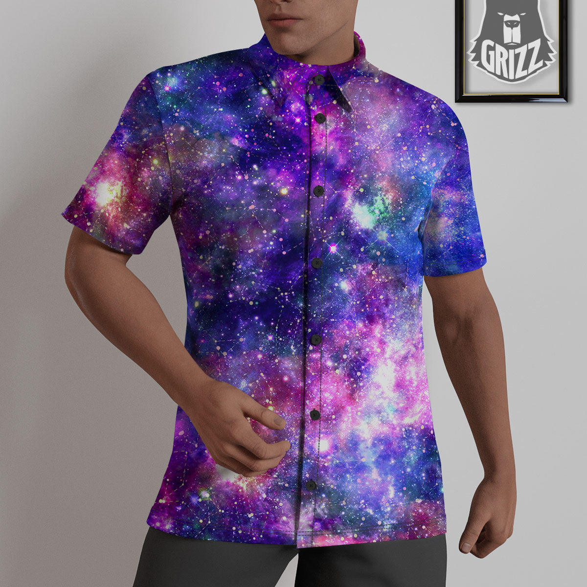 Space Blue Starfield Purple Galaxy Print Untucked Shirts-grizzshop