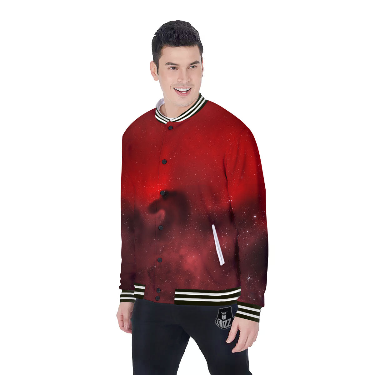 Space Cloud Red Galaxy Print Baseball Jacket-grizzshop