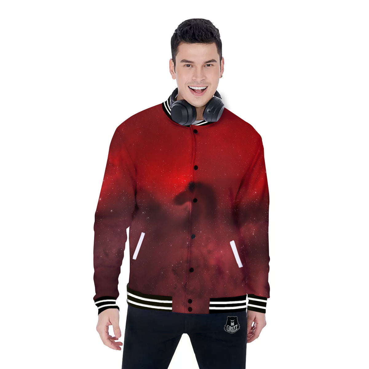 Space Cloud Red Galaxy Print Baseball Jacket-grizzshop