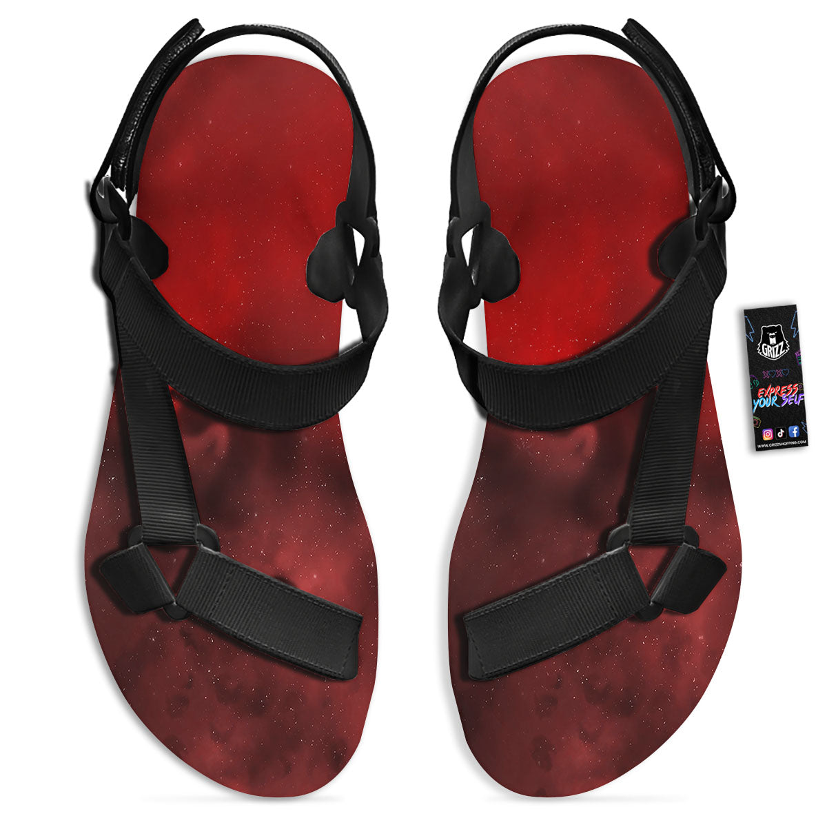 Space Cloud Red Galaxy Print Black Open Toe Sandals-grizzshop