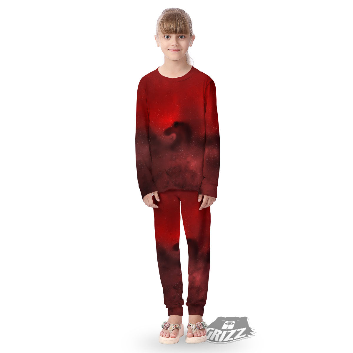 Space Cloud Red Galaxy Print Kid's Pajamas-grizzshop