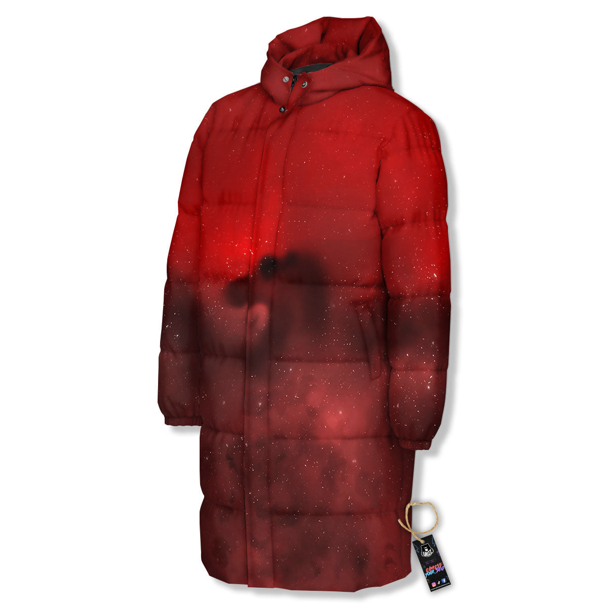 Space Cloud Red Galaxy Print Long Down Jacket-grizzshop