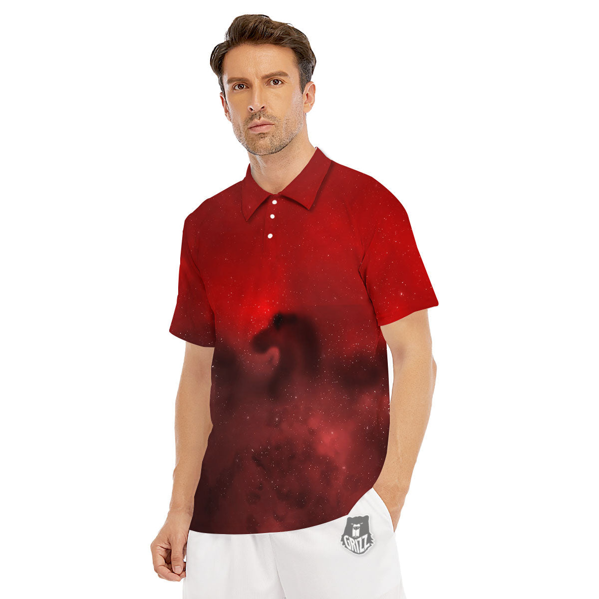Space Cloud Red Galaxy Print Men's Golf Shirts-grizzshop