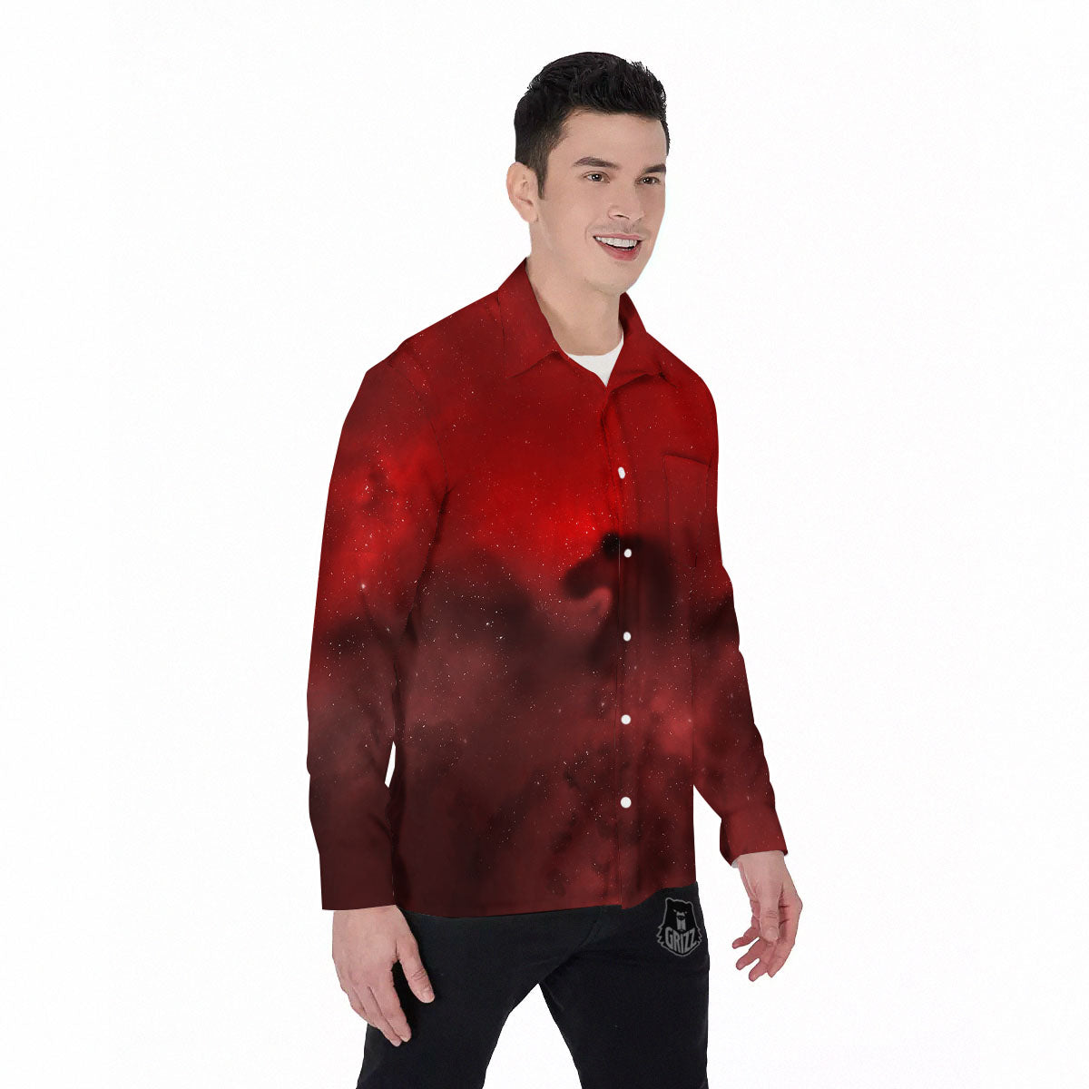 Space Cloud Red Galaxy Print Men's Long Sleeve Shirts-grizzshop