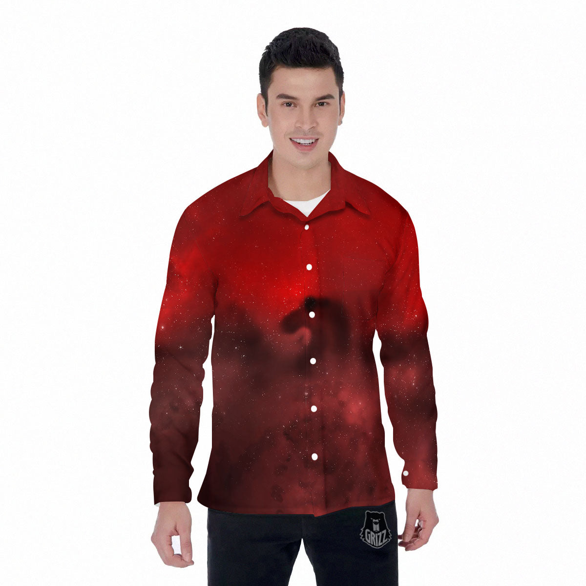 Space Cloud Red Galaxy Print Men's Long Sleeve Shirts-grizzshop