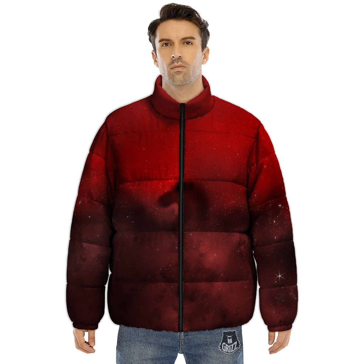 Space Cloud Red Galaxy Print Puffer Jacket-grizzshop