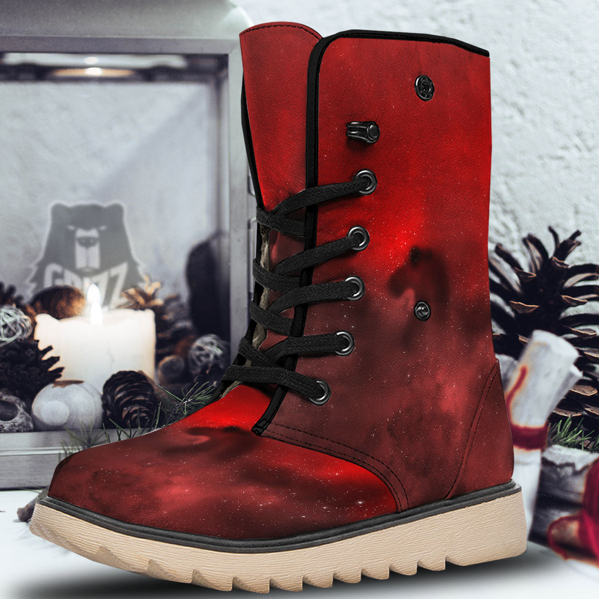 Space Cloud Red Galaxy Print Snow Boots-grizzshop