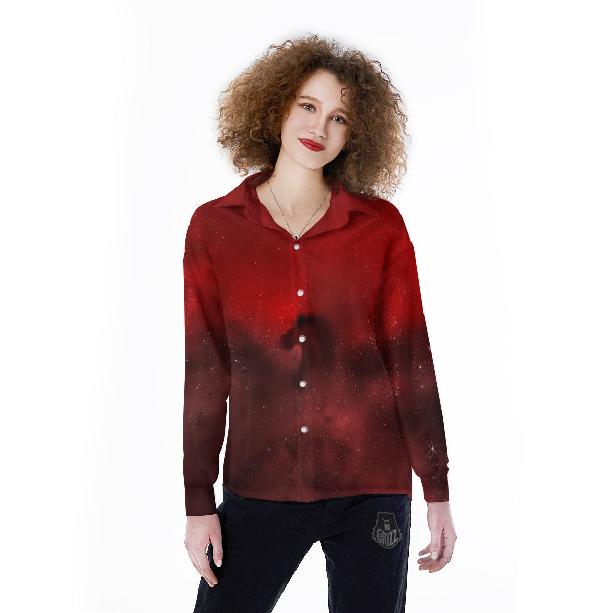 Space Cloud Red Galaxy Print Women's Long Sleeve Shirts-grizzshop