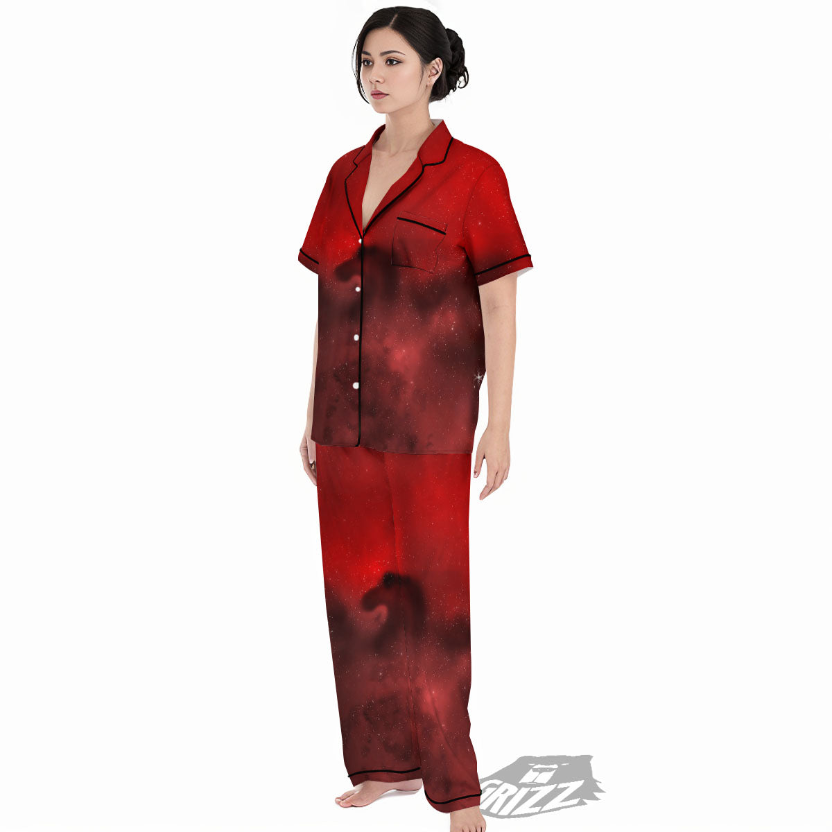 Space Cloud Red Galaxy Print Women's Pajamas Set-grizzshop