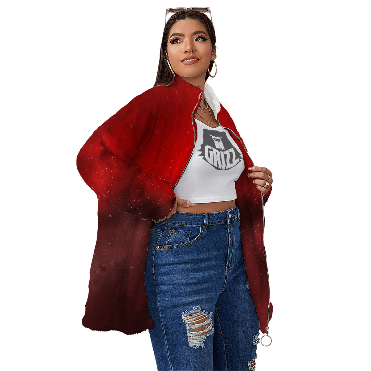 Space Cloud Red Galaxy Print Women's Sherpa Jacket-grizzshop