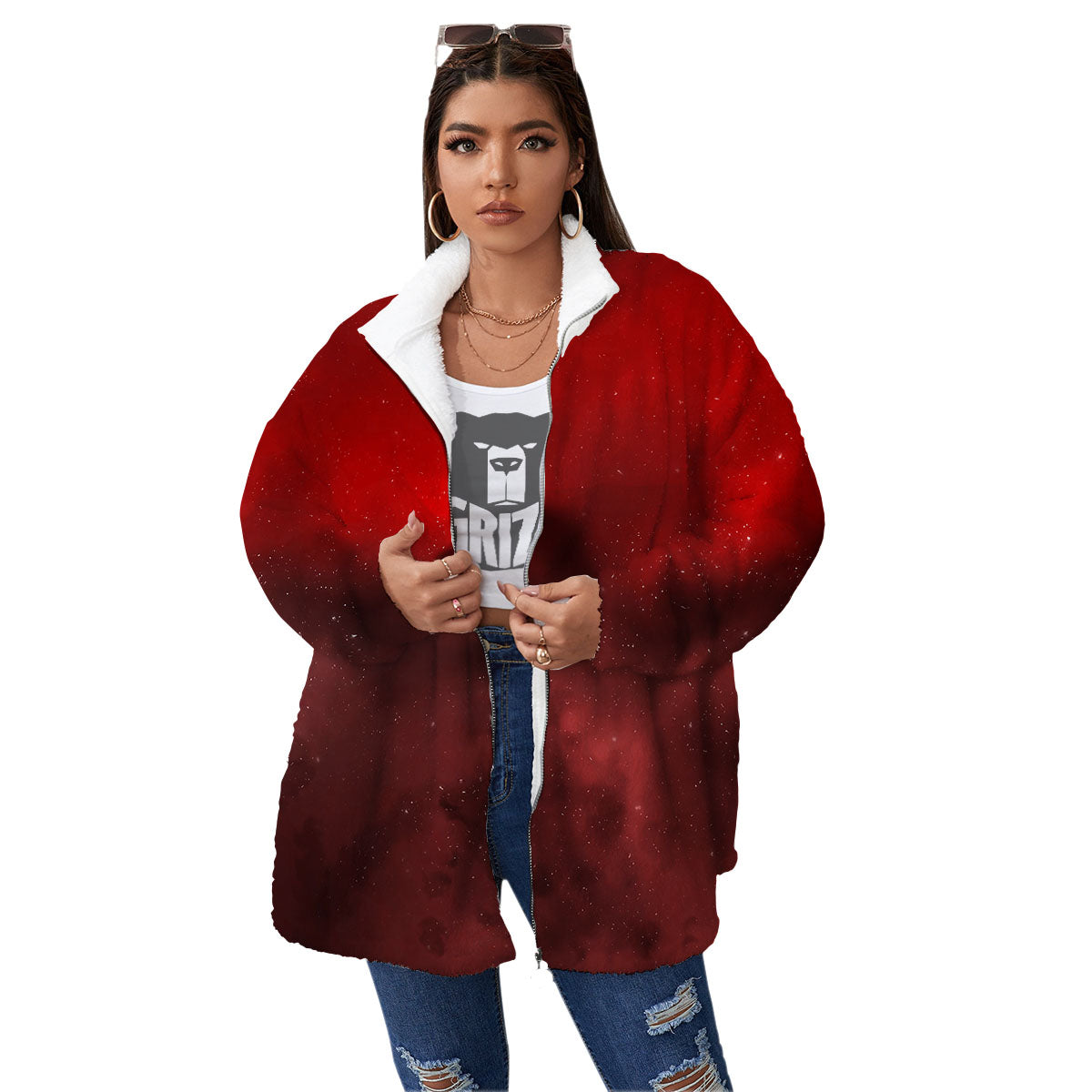 Space Cloud Red Galaxy Print Women's Sherpa Jacket-grizzshop