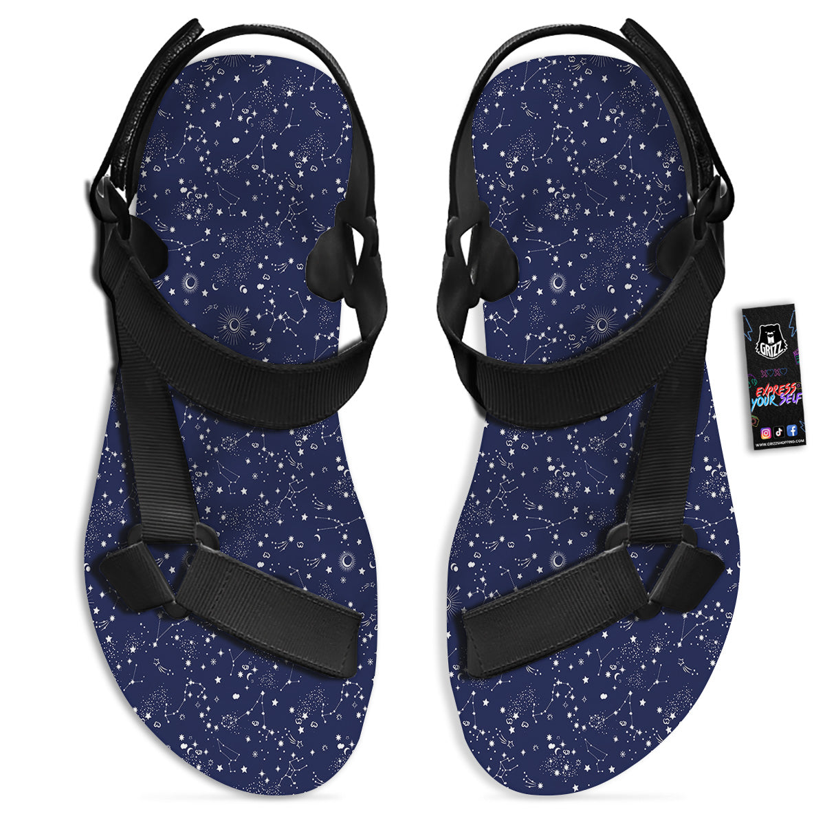 Space Constellation Print Pattern Black Open Toe Sandals-grizzshop