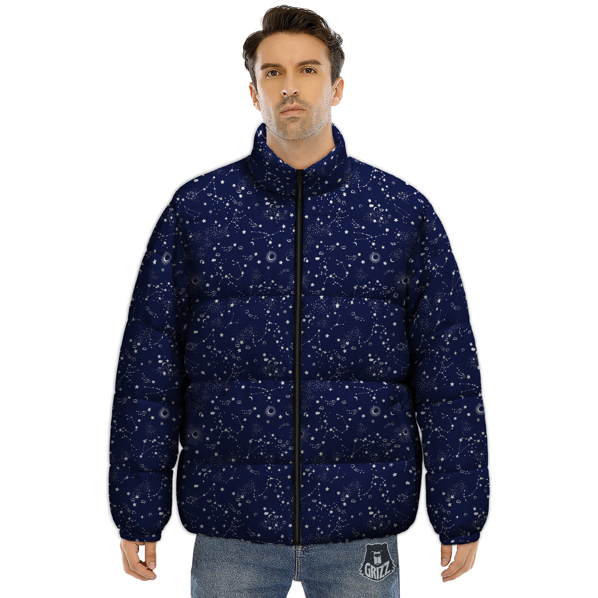 Space Constellation Print Pattern Puffer Jacket-grizzshop