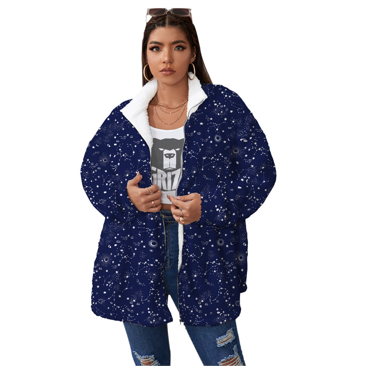 Space Constellation Print Pattern Women's Sherpa Jacket-grizzshop