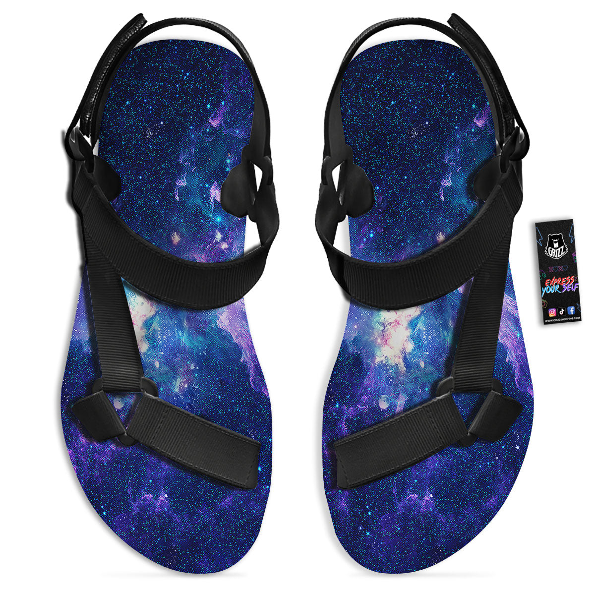 Space Deep Print Black Open Toe Sandals-grizzshop