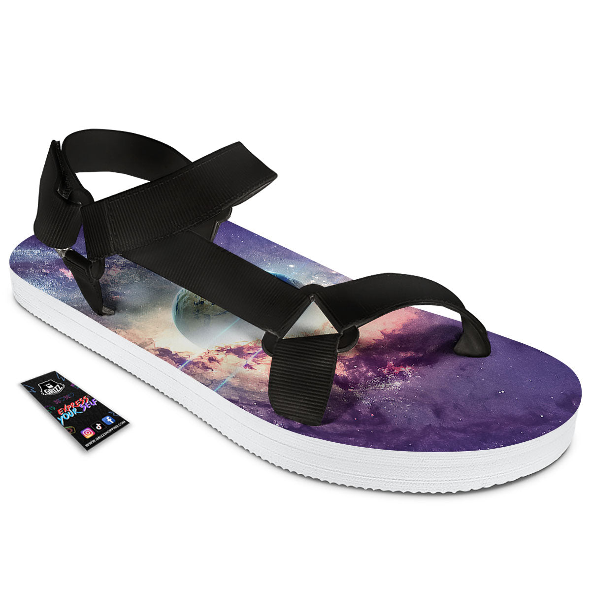 Space Endless Print Black Open Toe Sandals-grizzshop