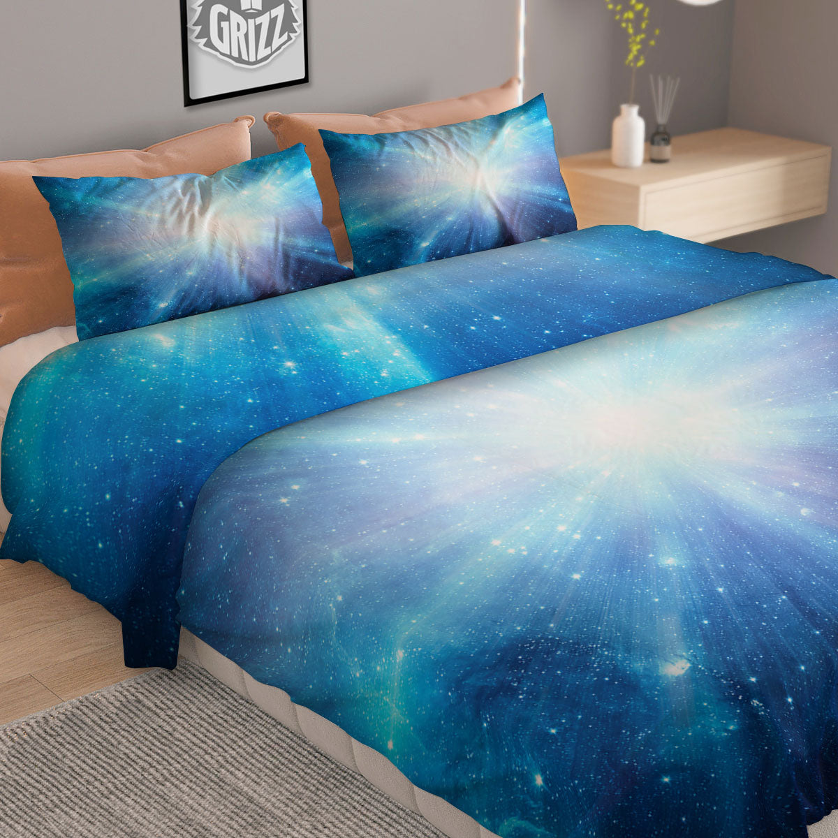 Space Light Blue Print Duvet Cover Bedding Set