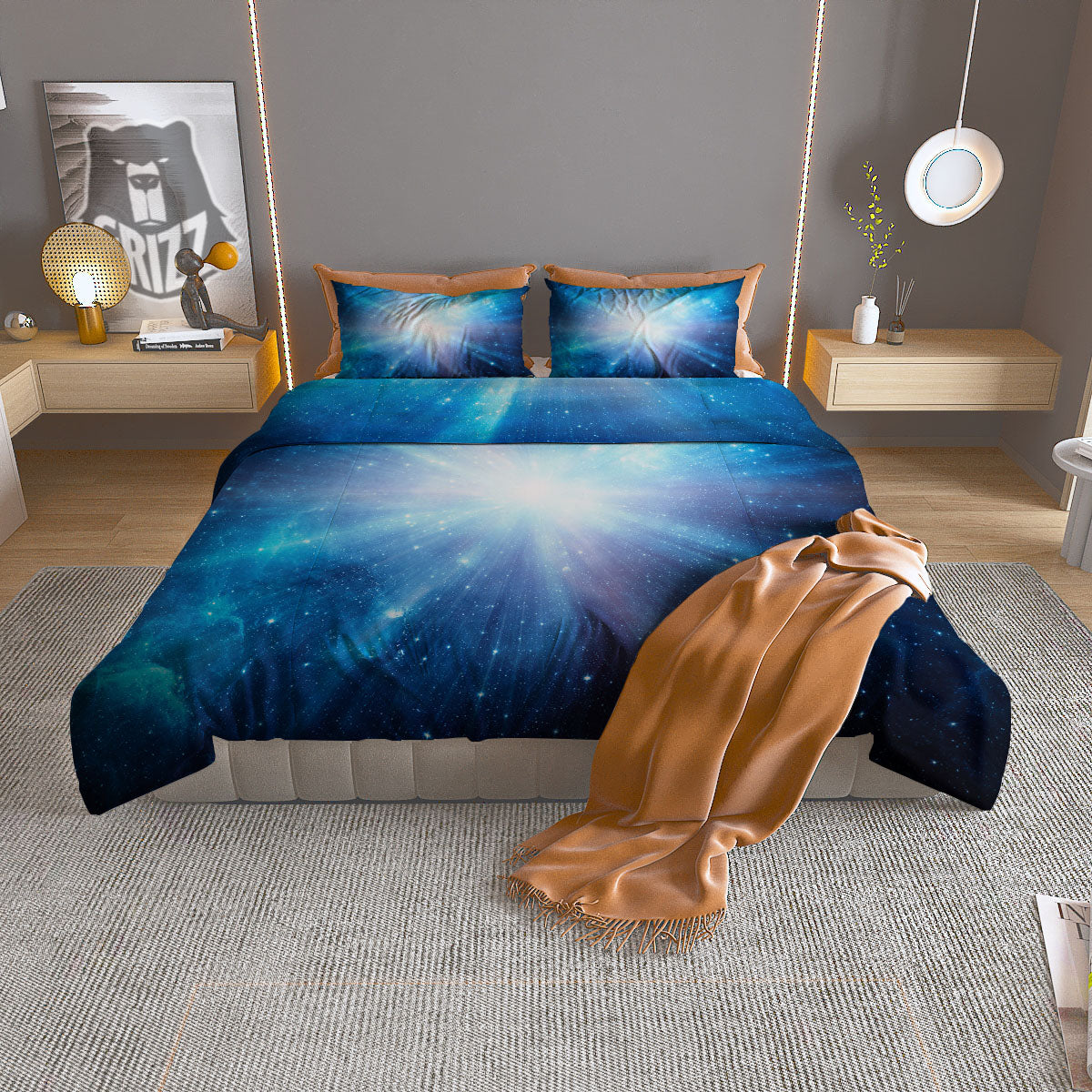 Space Light Blue Print Duvet Cover Bedding Set