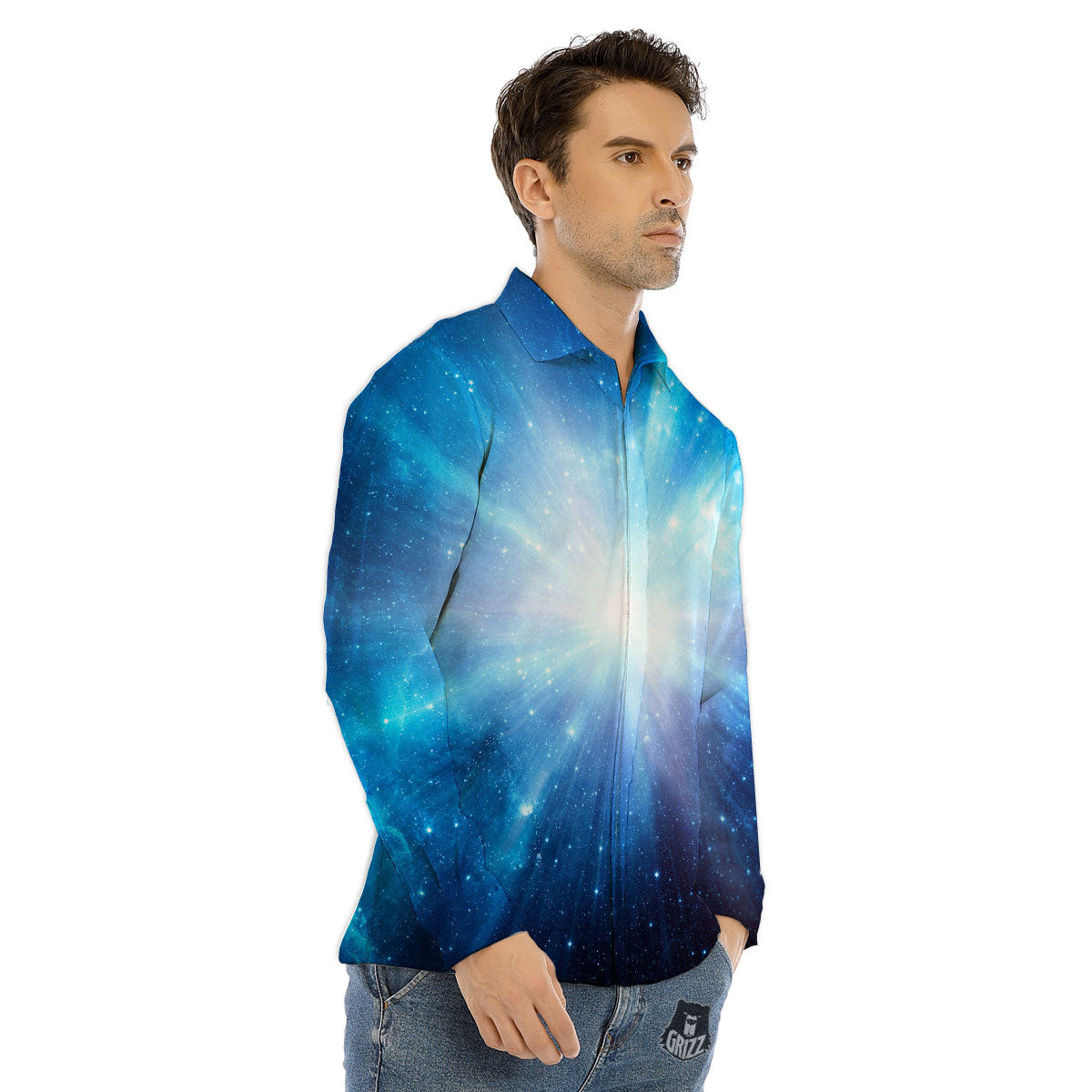Space Light Blue Print Men's Dress Shirts-grizzshop
