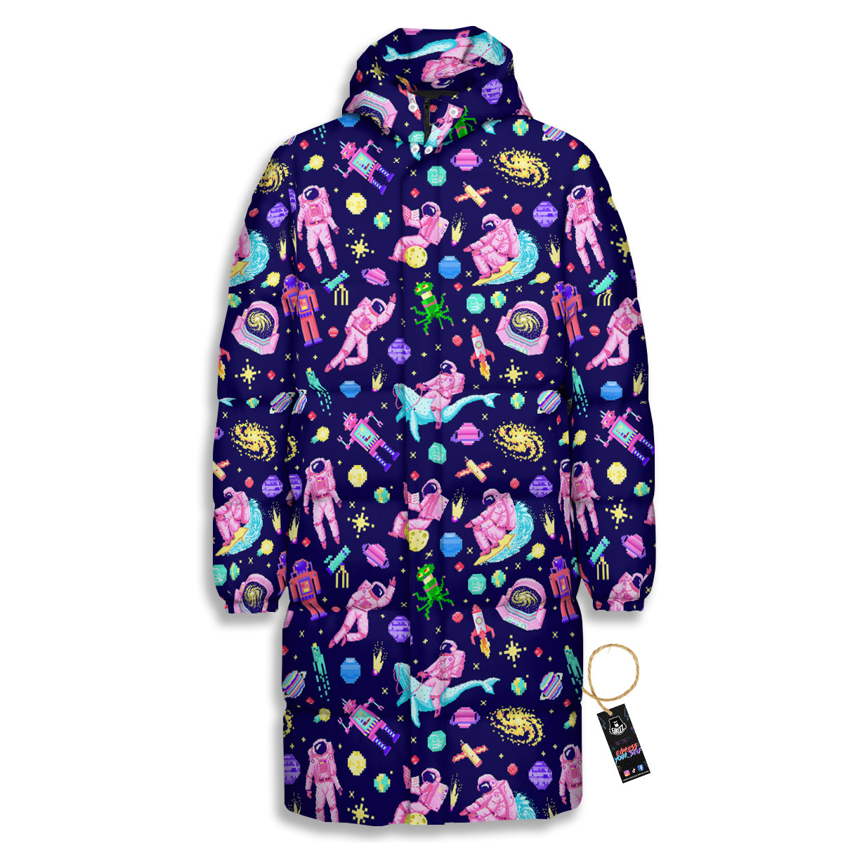 Space Astronaut 8 Bit Print Pattern Long Down Jacket