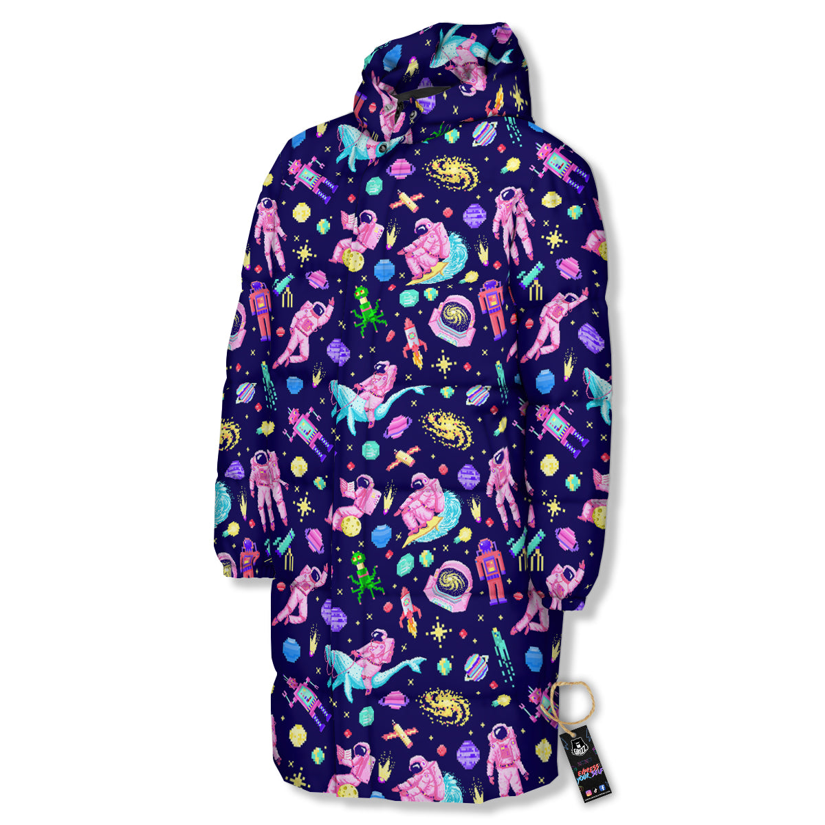 Space Astronaut 8 Bit Print Pattern Long Down Jacket