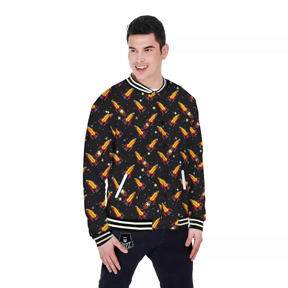 Spaceships Pixel Print Pattern Baseball Jacket-grizzshop