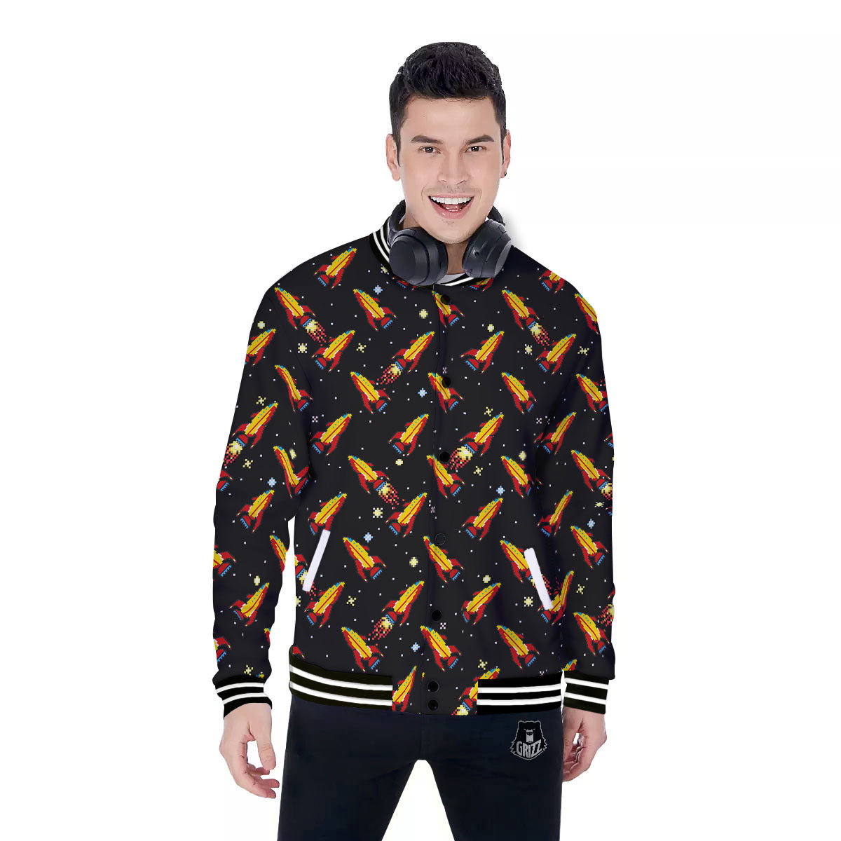 Spaceships Pixel Print Pattern Baseball Jacket-grizzshop