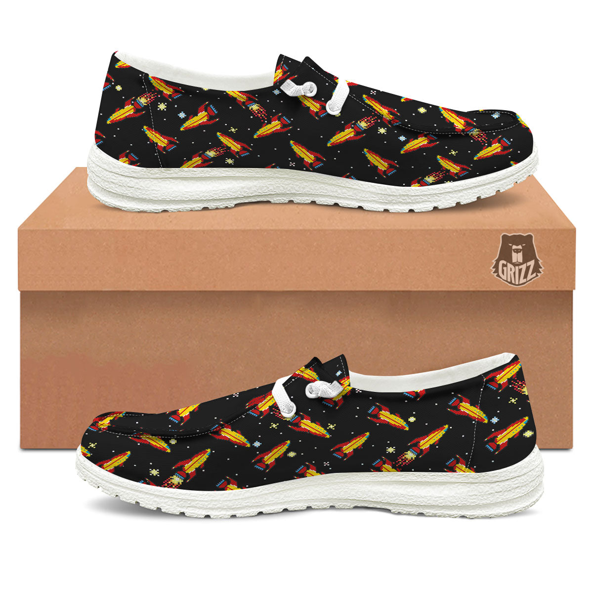 Spaceships Pixel Print Pattern Black Loafers-grizzshop