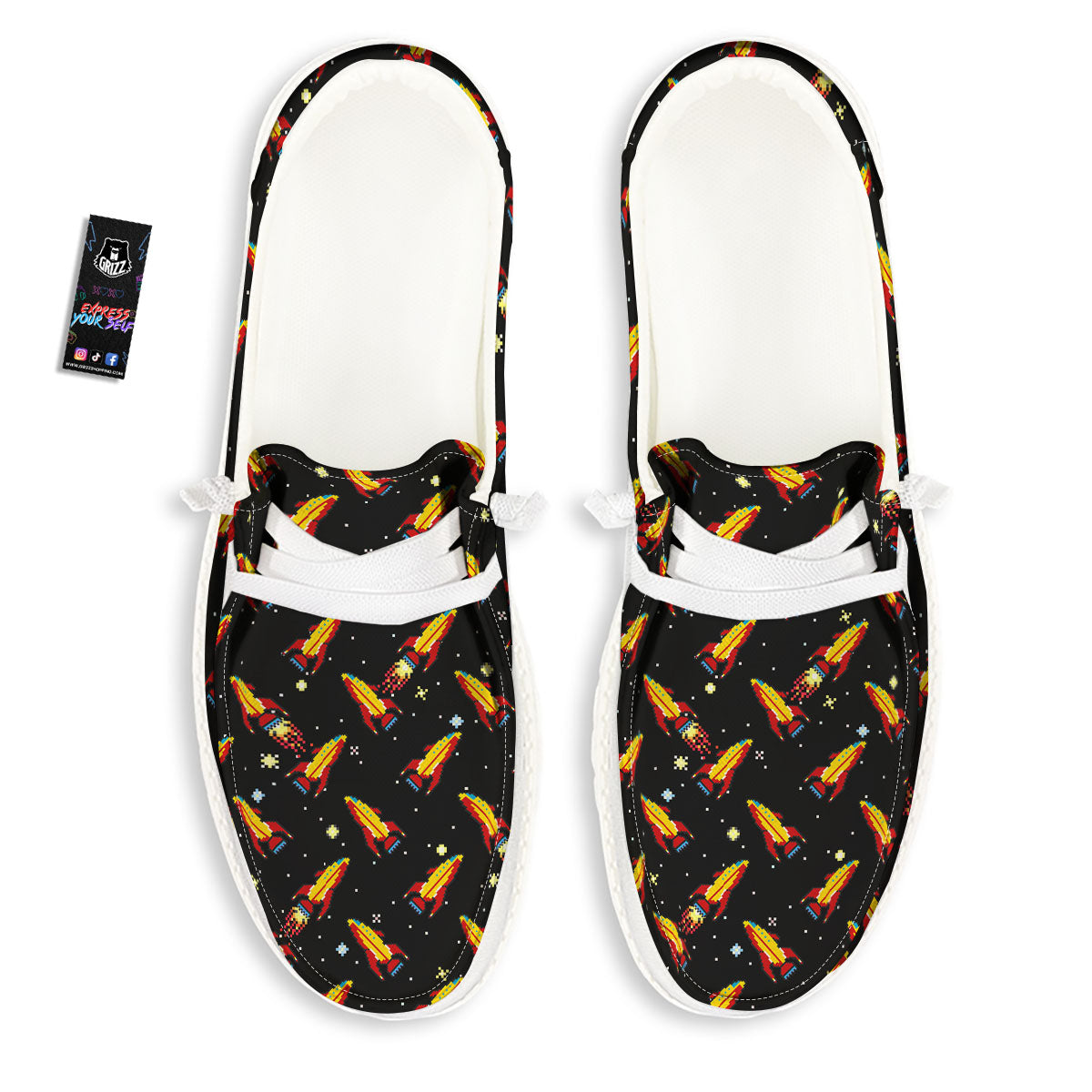 Spaceships Pixel Print Pattern Black Loafers-grizzshop