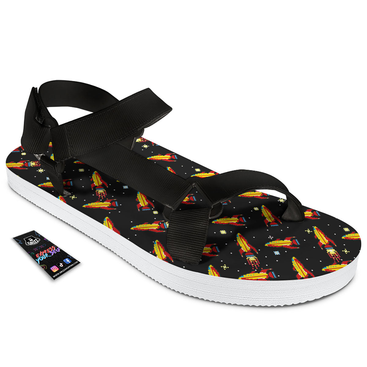 Spaceships Pixel Print Pattern Black Open Toe Sandals-grizzshop