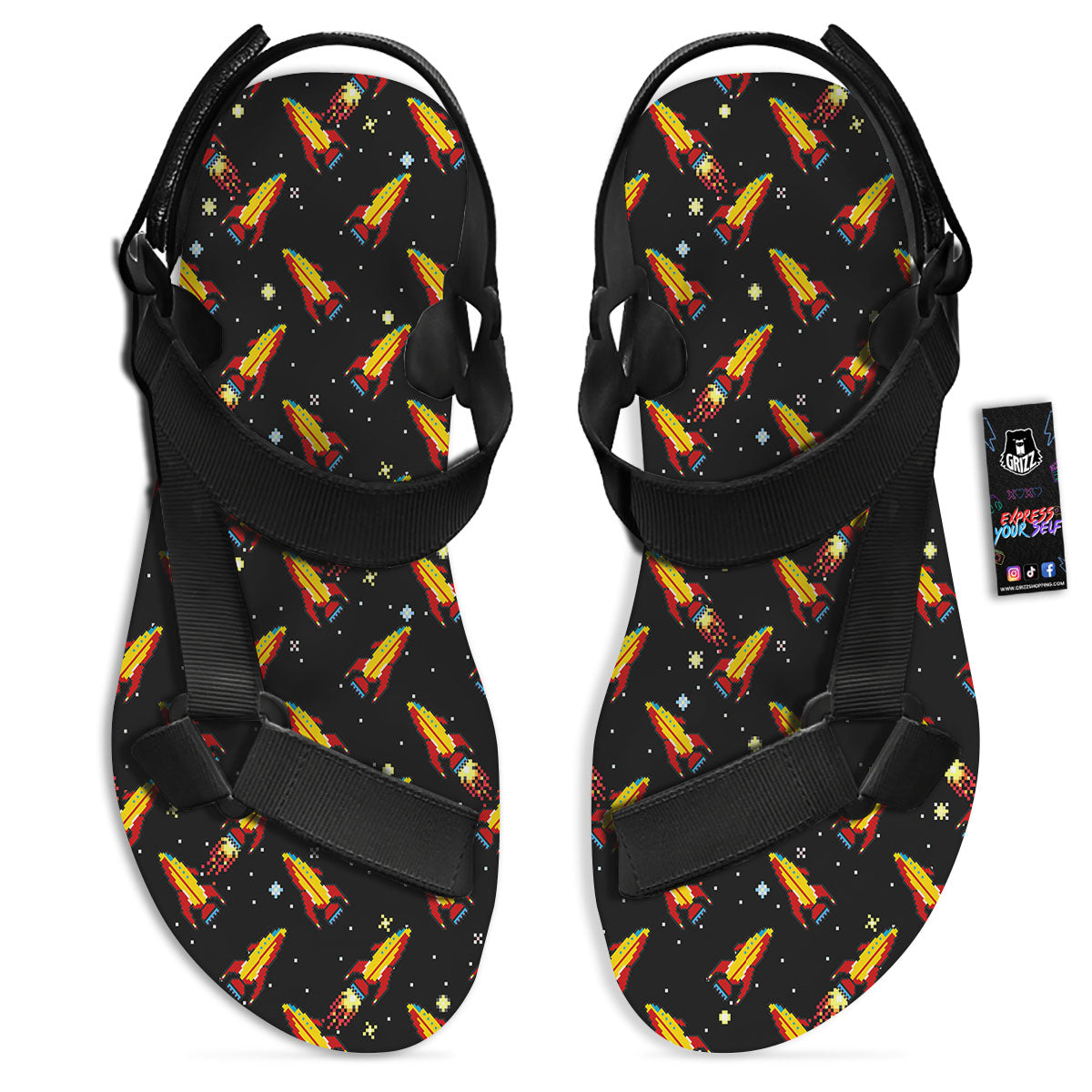 Spaceships Pixel Print Pattern Black Open Toe Sandals-grizzshop