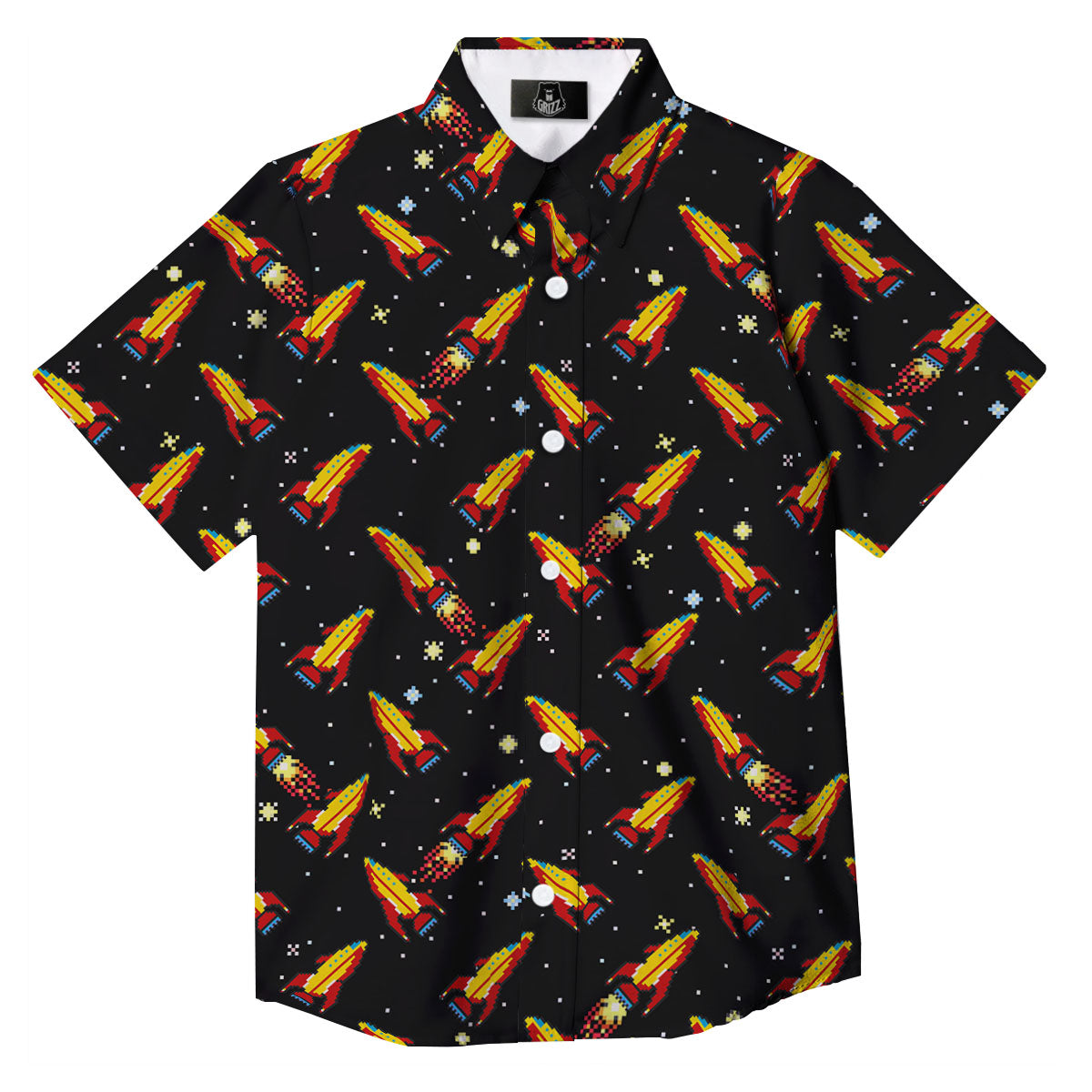 Spaceships Pixel Print Pattern Button Up Shirt-grizzshop