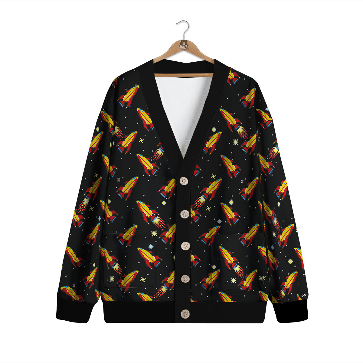 Spaceships Pixel Print Pattern Cardigan-grizzshop