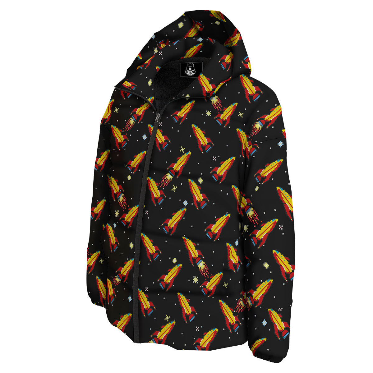 Spaceships Pixel Print Pattern Down Jacket-grizzshop