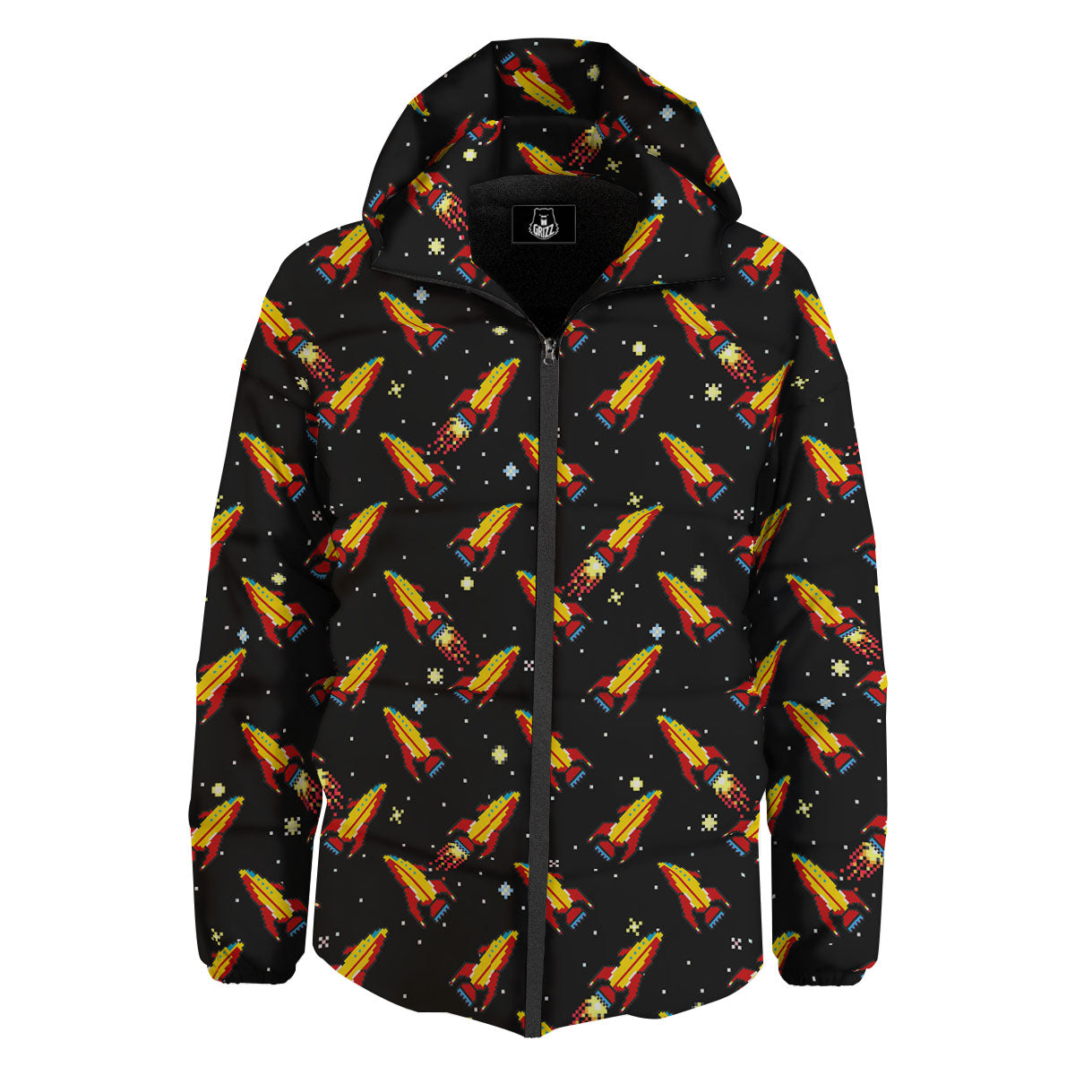 Spaceships Pixel Print Pattern Down Jacket-grizzshop