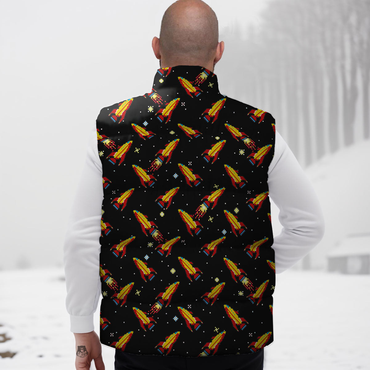 Spaceships Pixel Print Pattern Down Vest