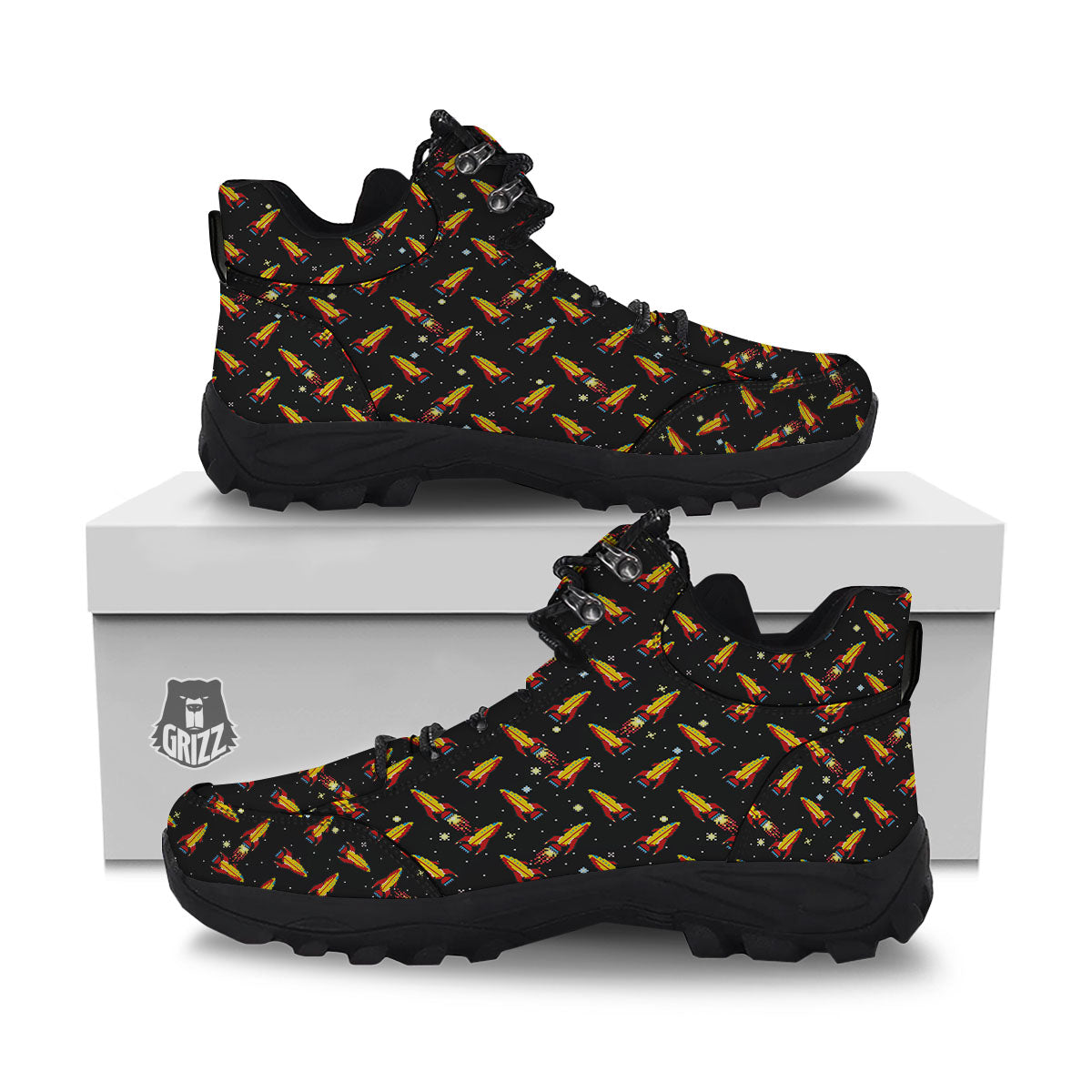 Spaceships Pixel Print Pattern Hiking Shoes-grizzshop