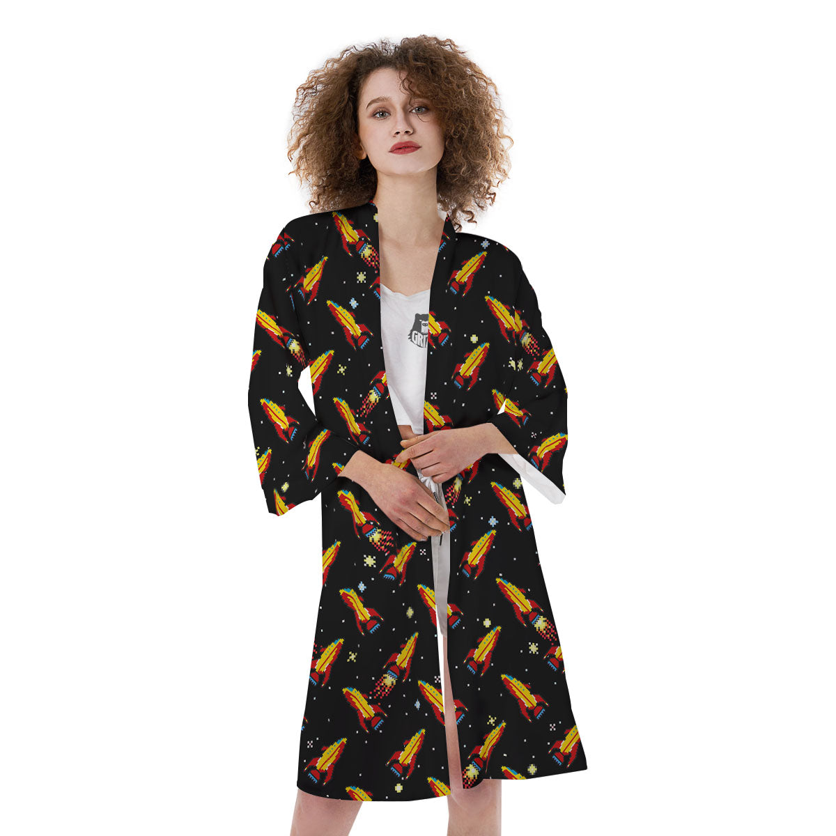 Spaceships Pixel Print Pattern Kimono-grizzshop