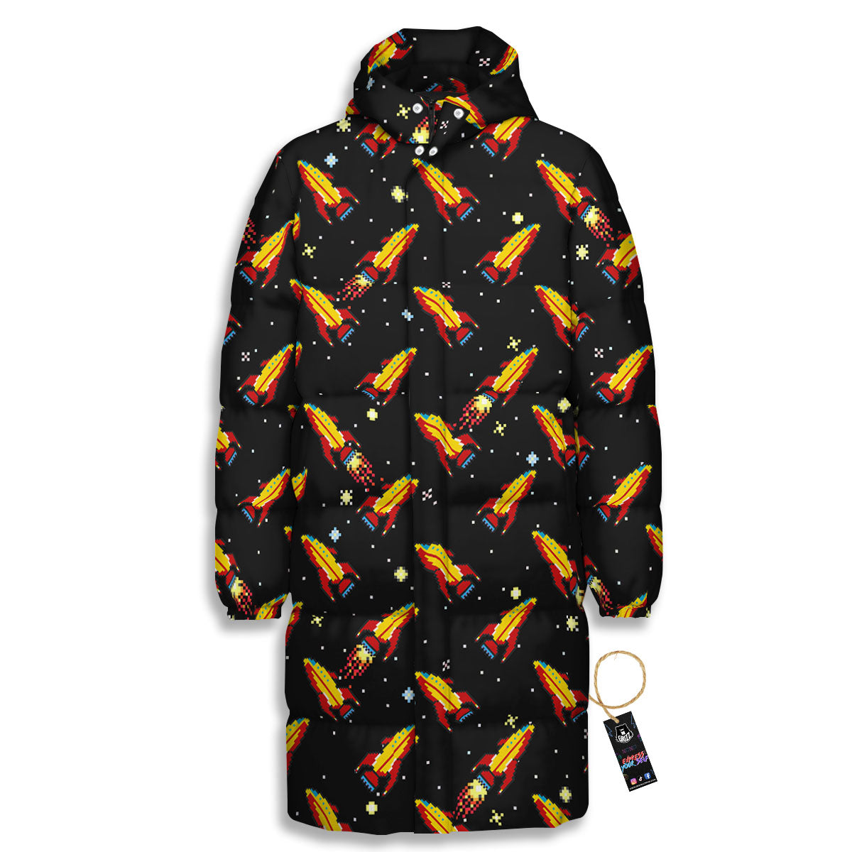 Spaceships Pixel Print Pattern Long Down Jacket-grizzshop