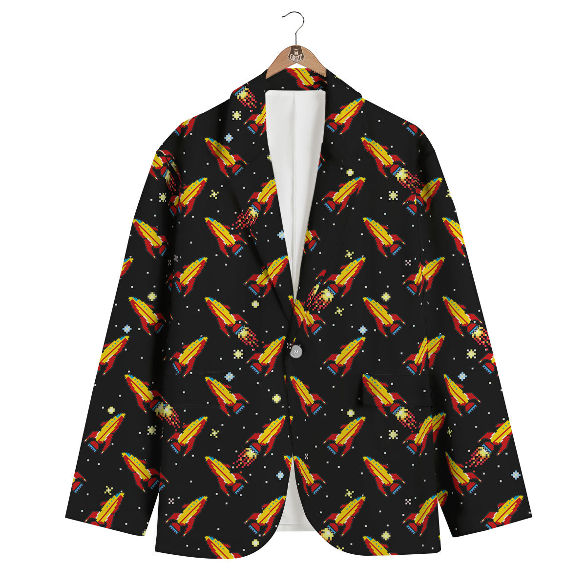 Spaceships Pixel Print Pattern Men's Blazer-grizzshop