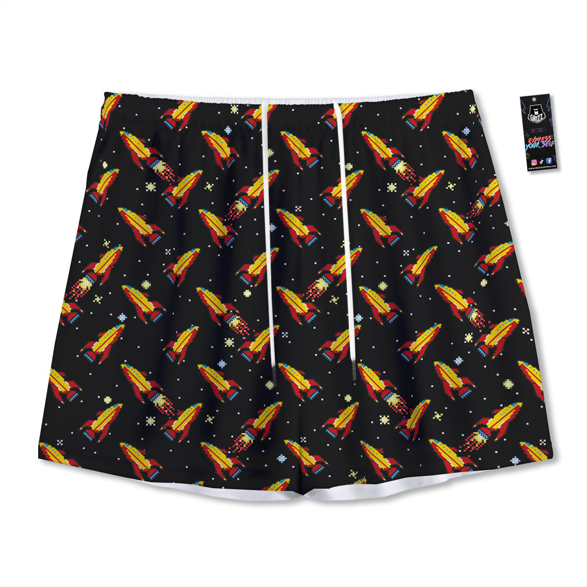 Spaceships Pixel Print Pattern Mesh Shorts