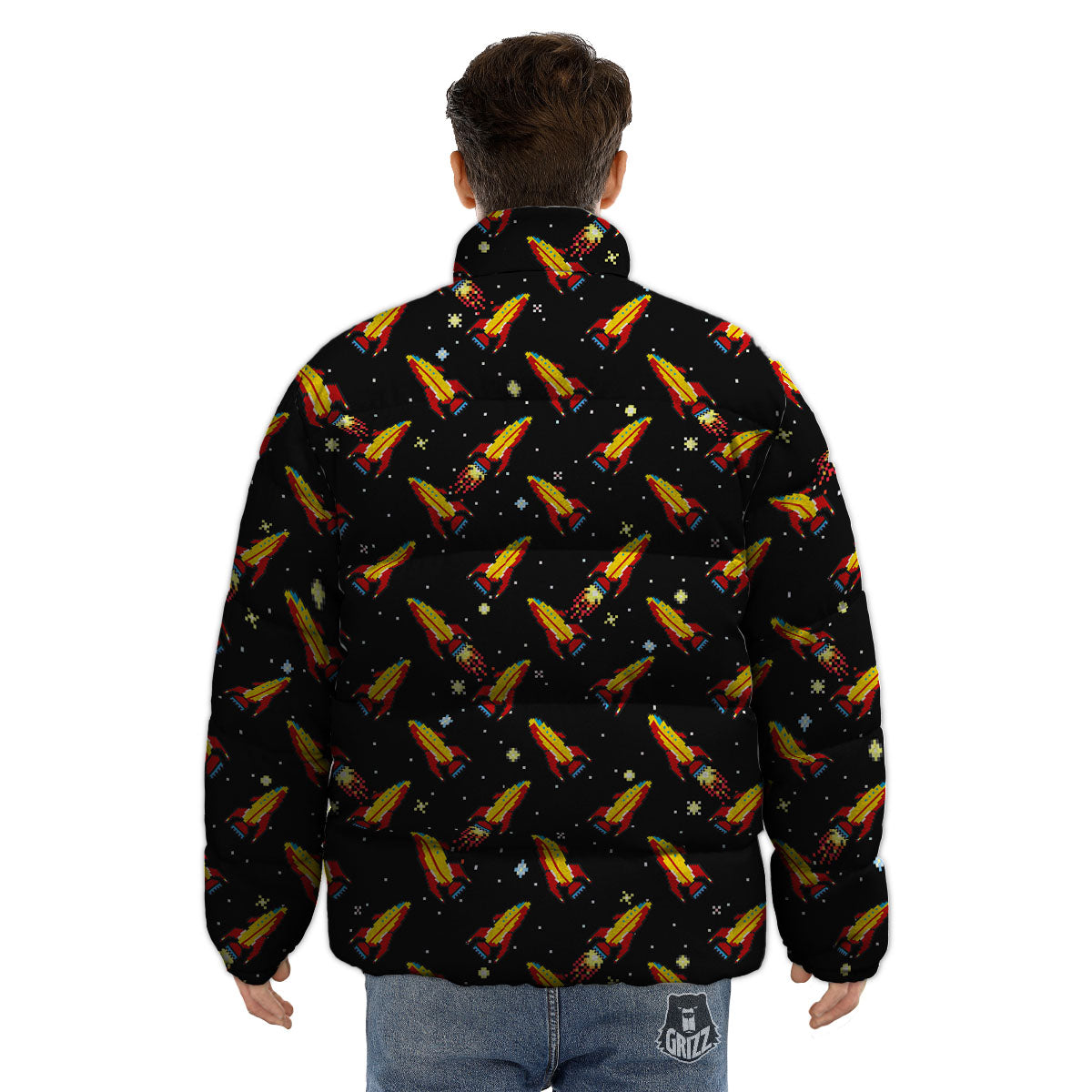 Spaceships Pixel Print Pattern Puffer Jacket-grizzshop
