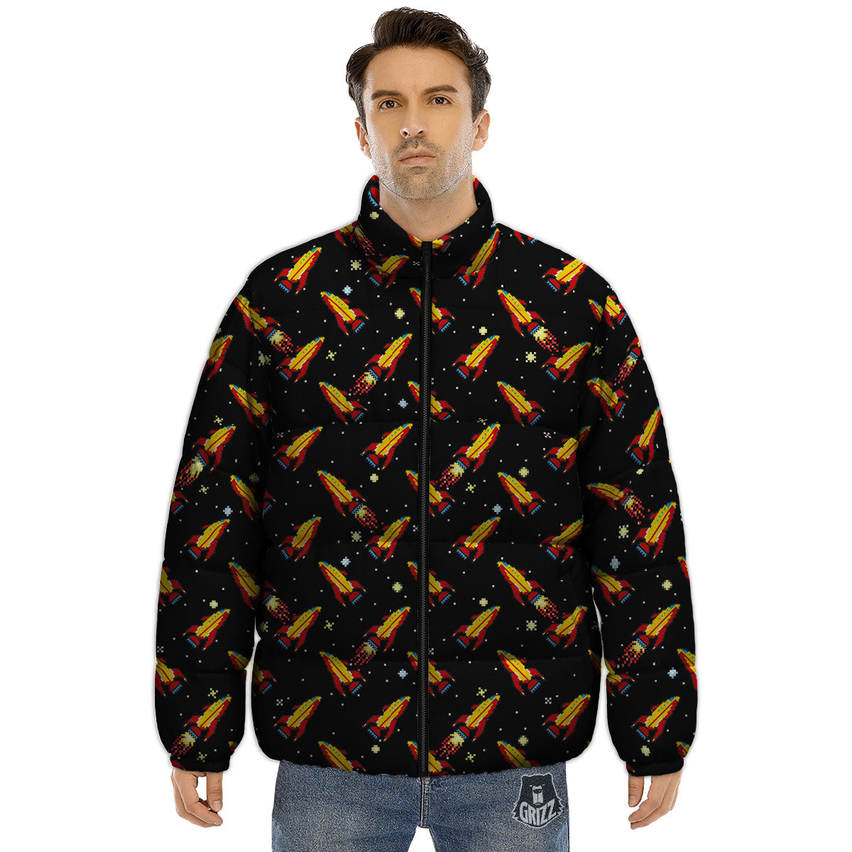 Spaceships Pixel Print Pattern Puffer Jacket-grizzshop
