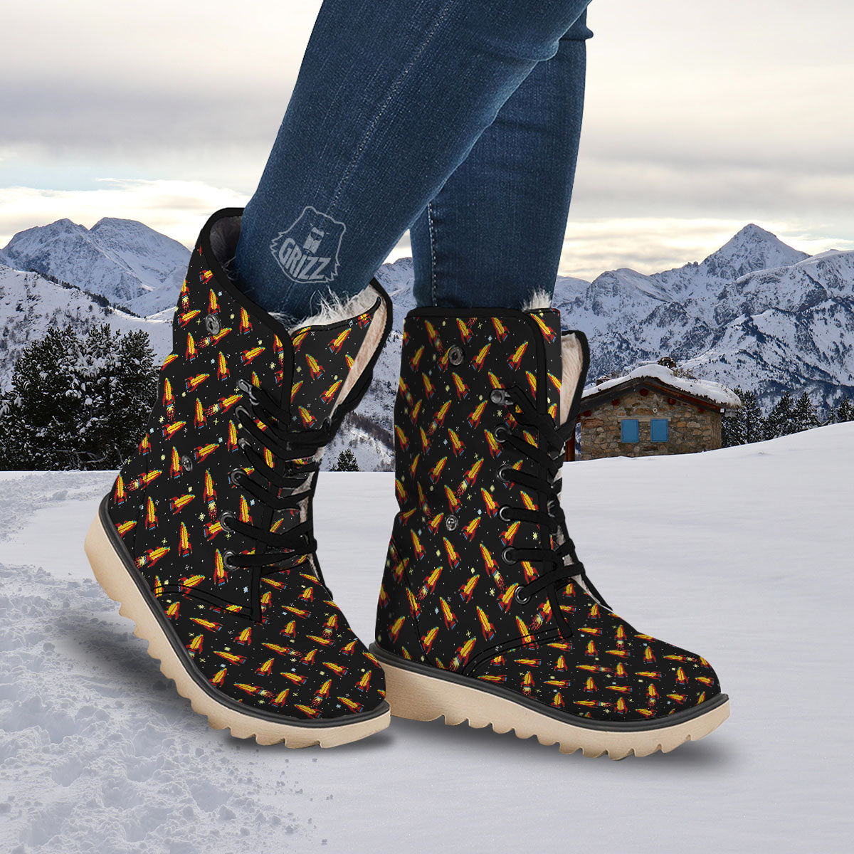 Spaceships Pixel Print Pattern Snow Boots-grizzshop