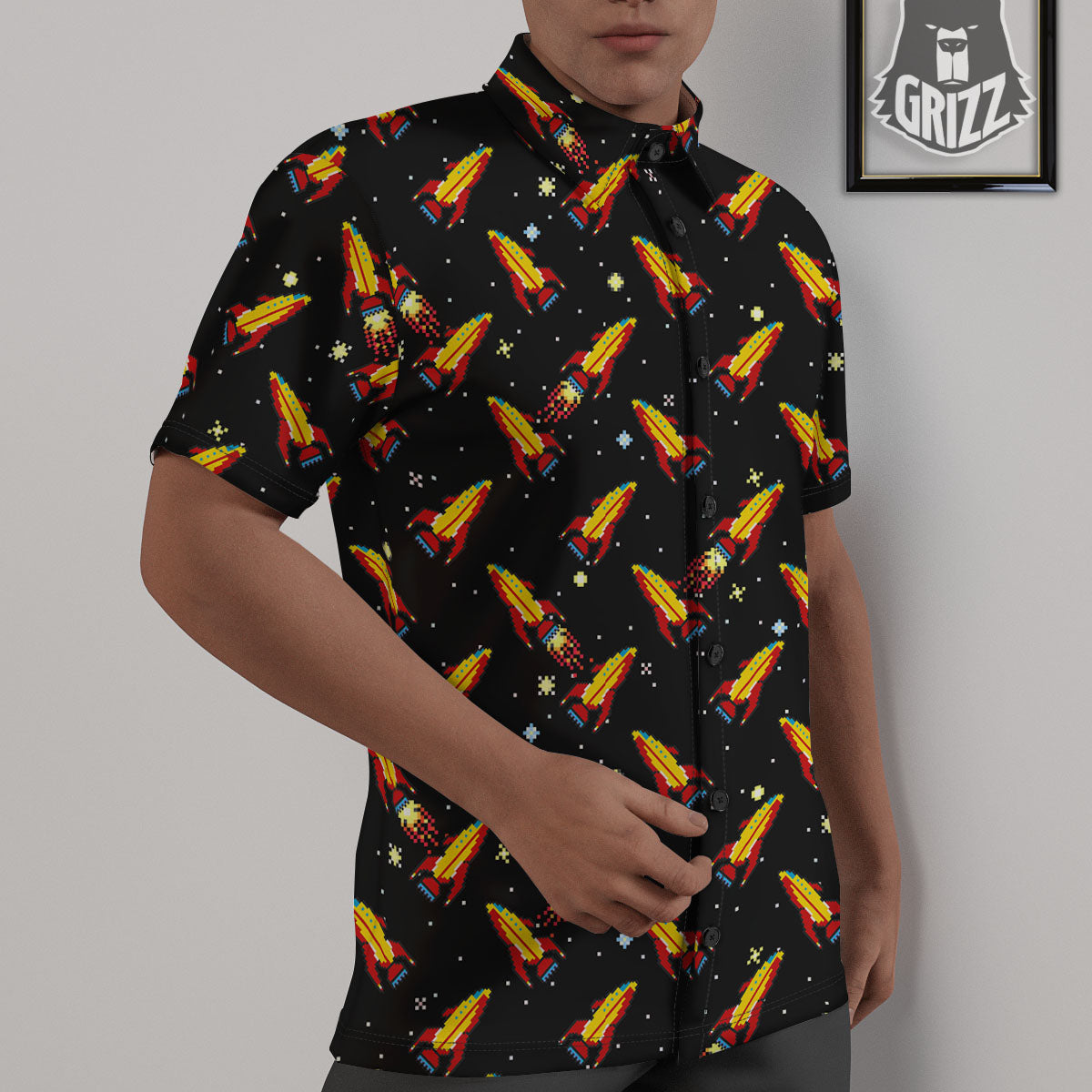 Spaceships Pixel Print Pattern Untucked Shirts-grizzshop